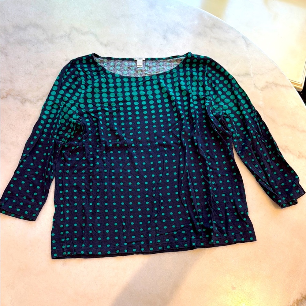 NWOT J. CREW NAVY AND GREEN POLKA DOT TISSUE COTTON BLEND 3/4 sleeve top. L